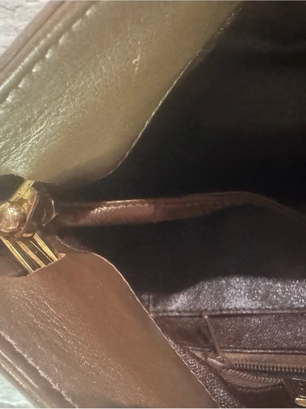 VTG Stuart Weitzman Metallic Bronze Hinge Open Clutch with Zipper Rosette